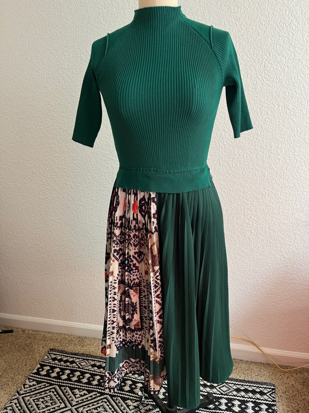 Green Ribbed Top & Pleated Mixed-Print Midi Dress